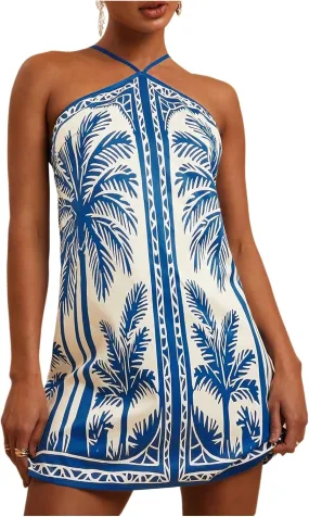 MakeMeChic Women's Tropical Print Halter Dress Tie Backless Spaghetti Strap Boho Short Dresses