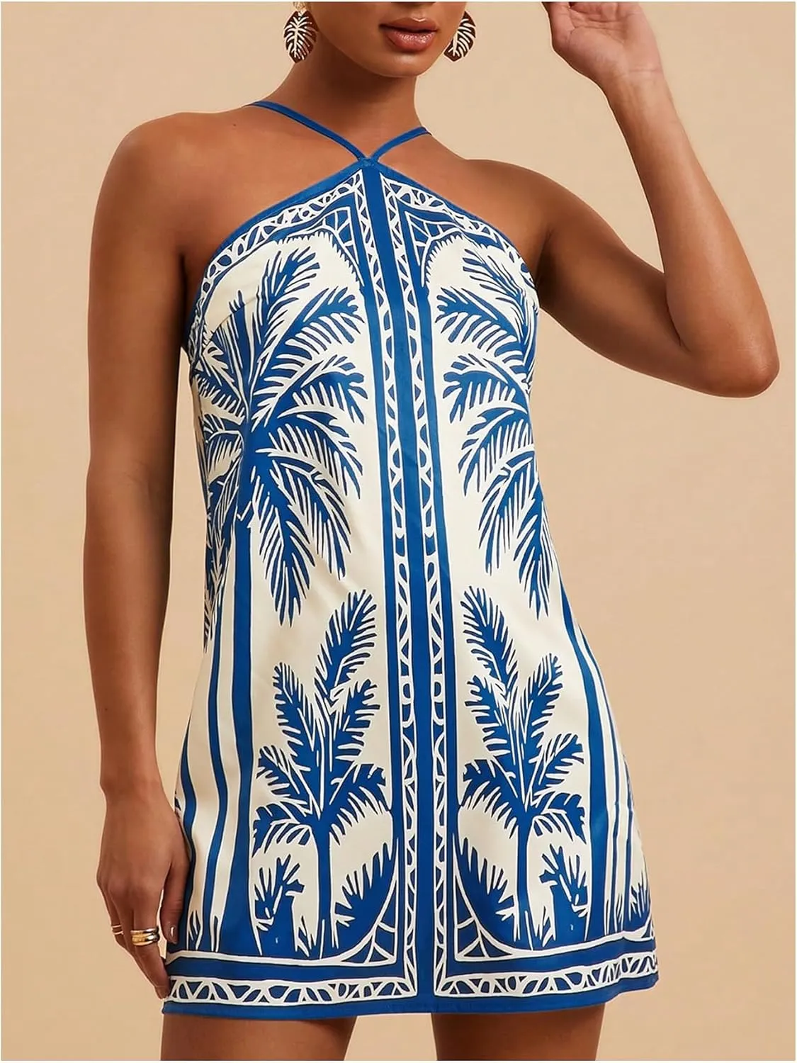 MakeMeChic Women's Tropical Print Halter Dress Tie Backless Spaghetti Strap Boho Short Dresses