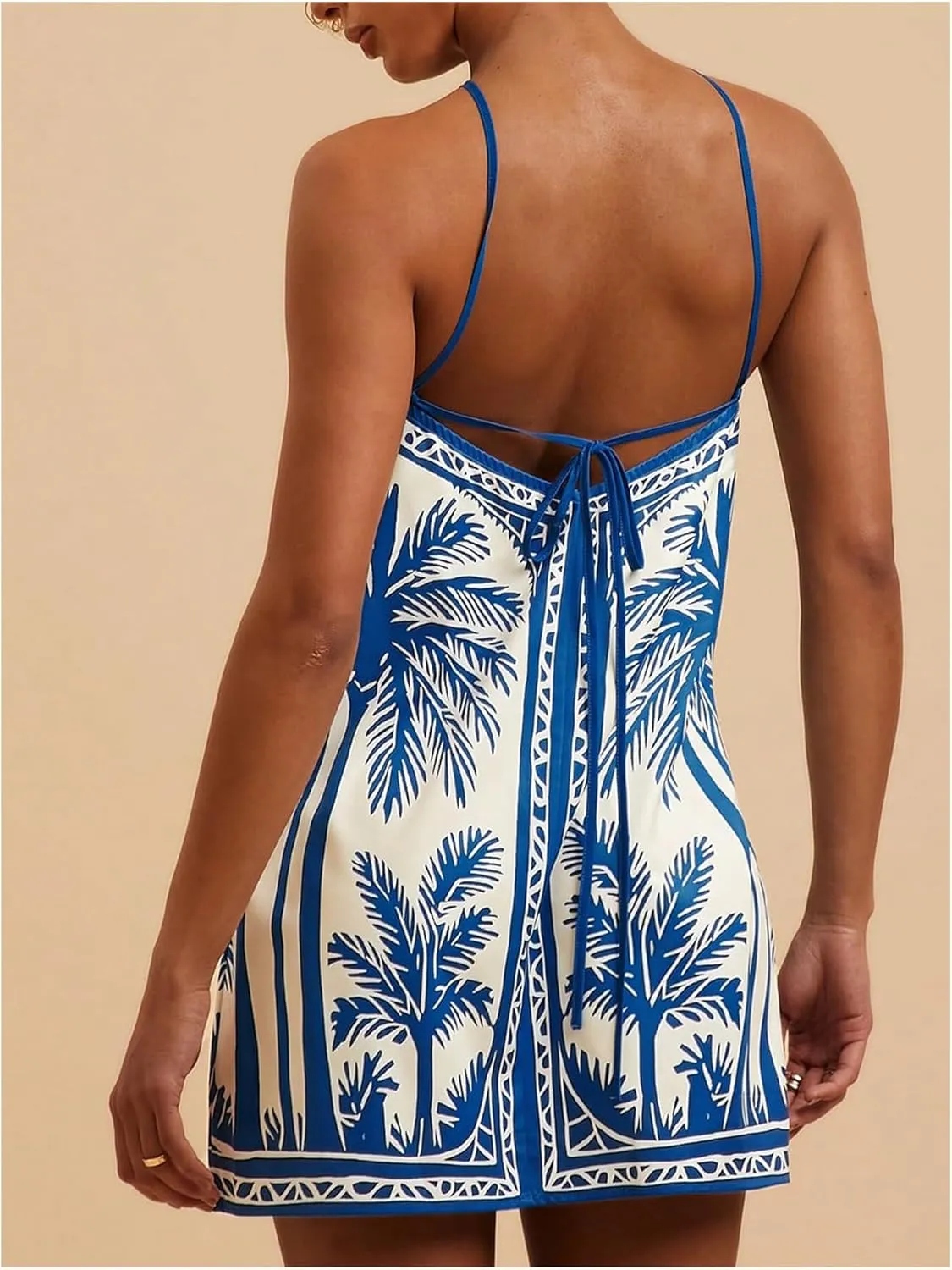 MakeMeChic Women's Tropical Print Halter Dress Tie Backless Spaghetti Strap Boho Short Dresses