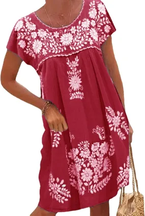 Melliflo Mexican Dress for Women Short Sleeve Floral Embroidered Fiesta Dress Loose Linen Peasant Dresses