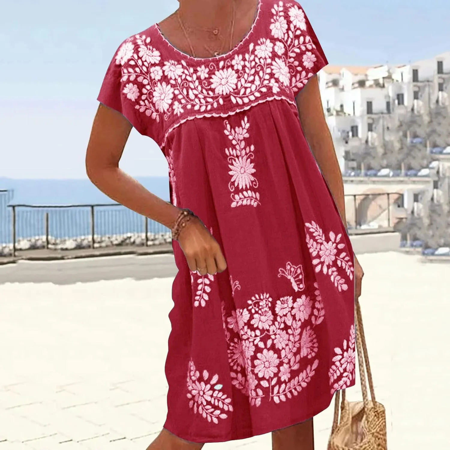 Melliflo Mexican Dress for Women Short Sleeve Floral Embroidered Fiesta Dress Loose Linen Peasant Dresses