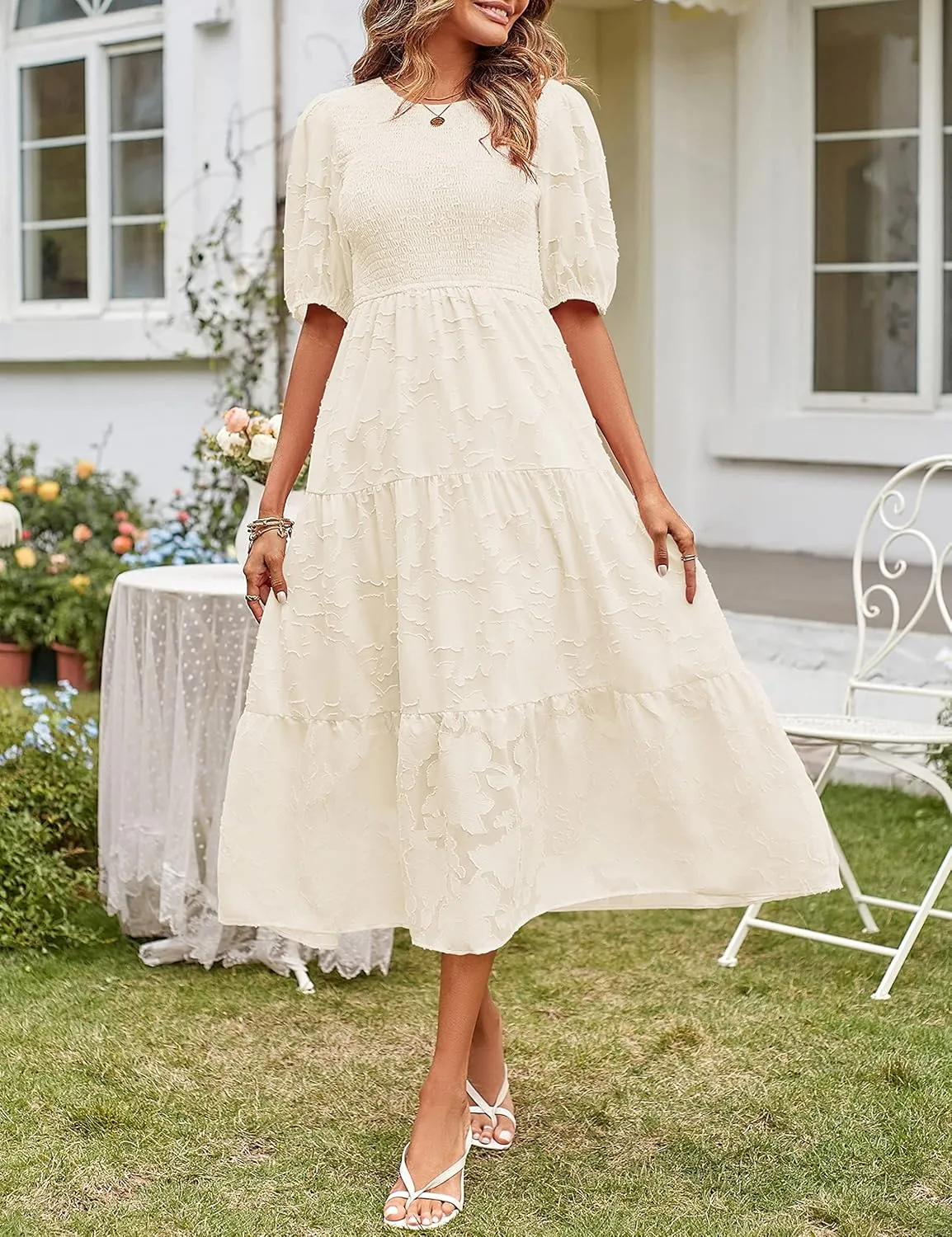 MEROKEETY Women's 2025 Summer Puff Sleeve Smocked Floral Dress Crewneck Lace Flowy Tiered Midi Dresses