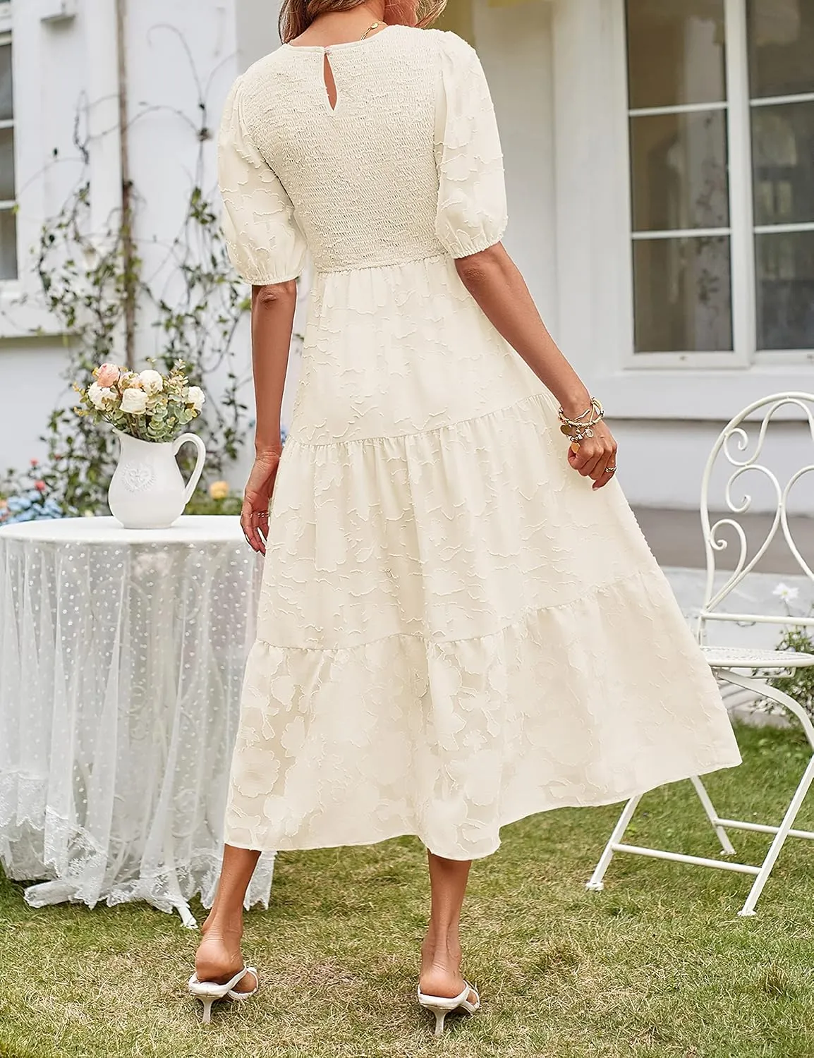 MEROKEETY Women's 2025 Summer Puff Sleeve Smocked Floral Dress Crewneck Lace Flowy Tiered Midi Dresses