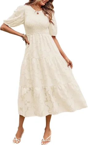 MEROKEETY Women's 2025 Summer Puff Sleeve Smocked Floral Dress Crewneck Lace Flowy Tiered Midi Dresses