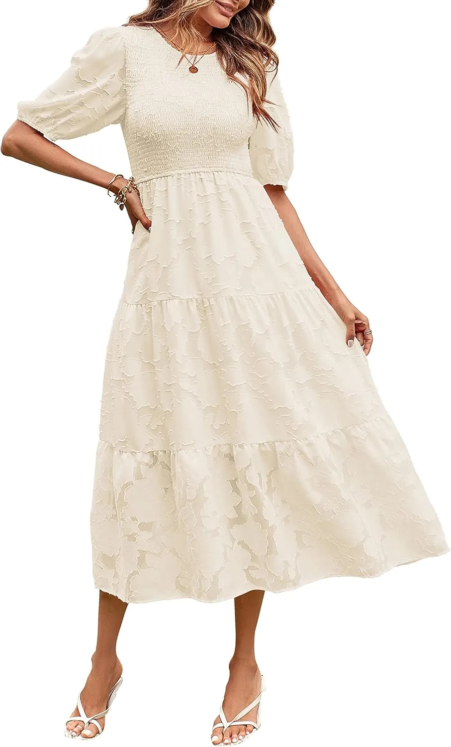 MEROKEETY Women's 2025 Summer Puff Sleeve Smocked Floral Dress Crewneck Lace Flowy Tiered Midi Dresses
