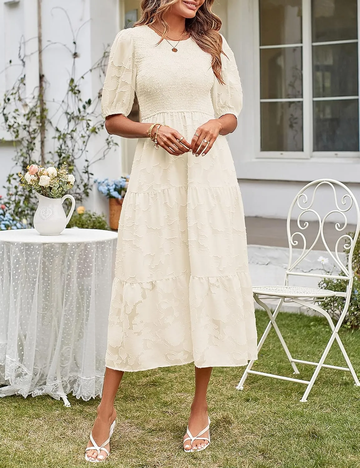 MEROKEETY Women's 2025 Summer Puff Sleeve Smocked Floral Dress Crewneck Lace Flowy Tiered Midi Dresses