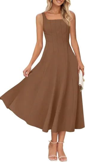 MEROKEETY Women's 2025 Summer Sleeveless Midi Dress Square Neck Smocked Flowy A Line Beach Dresses
