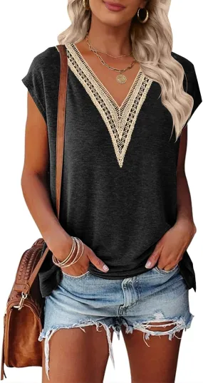 MEROKEETY Women's Casual Cap Sleeve Lace Trim V Neck Tops 2025 Summer Loose Tee Shirts Blouse