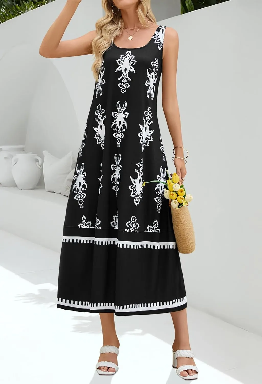 MEROKEETY Women's Casual Maxi Sundress 2025 Summer Beach Dress Scoop Neck Sleeveless Loose Tank Dress
