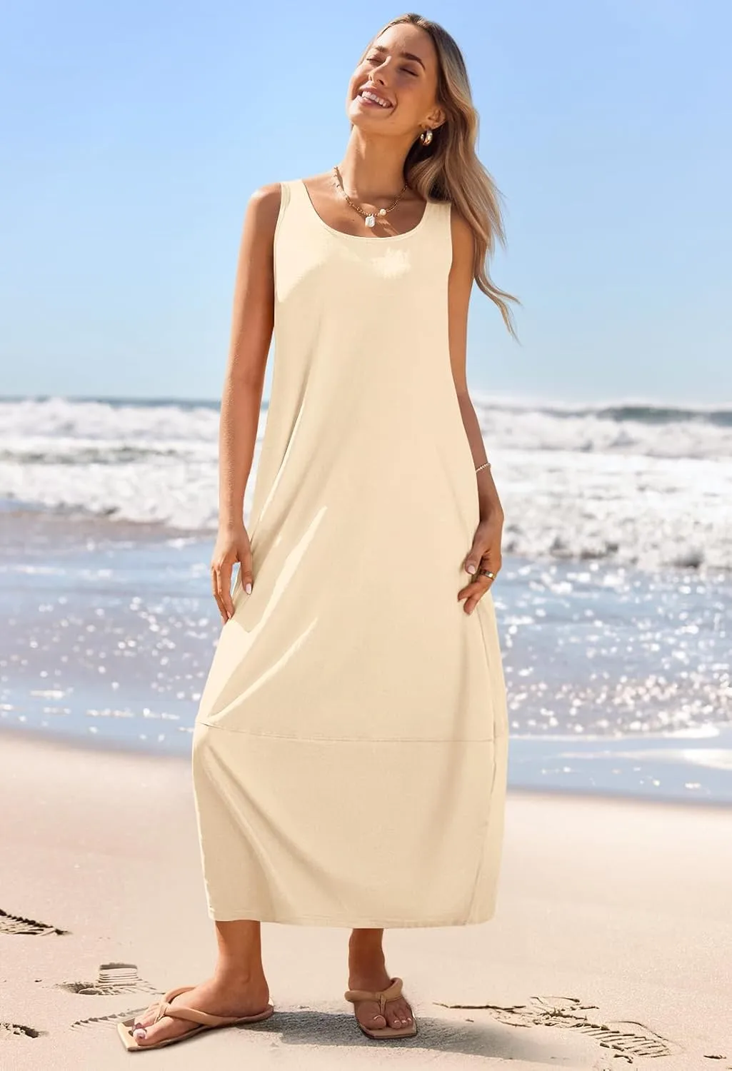MEROKEETY Women's Casual Maxi Sundress 2025 Summer Beach Dress Scoop Neck Sleeveless Loose Tank Dress
