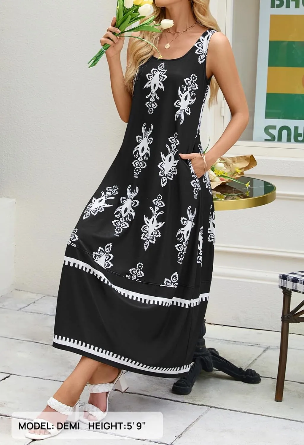 MEROKEETY Women's Casual Maxi Sundress 2025 Summer Beach Dress Scoop Neck Sleeveless Loose Tank Dress