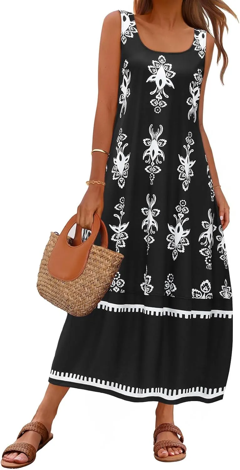 MEROKEETY Women's Casual Maxi Sundress 2025 Summer Beach Dress Scoop Neck Sleeveless Loose Tank Dress