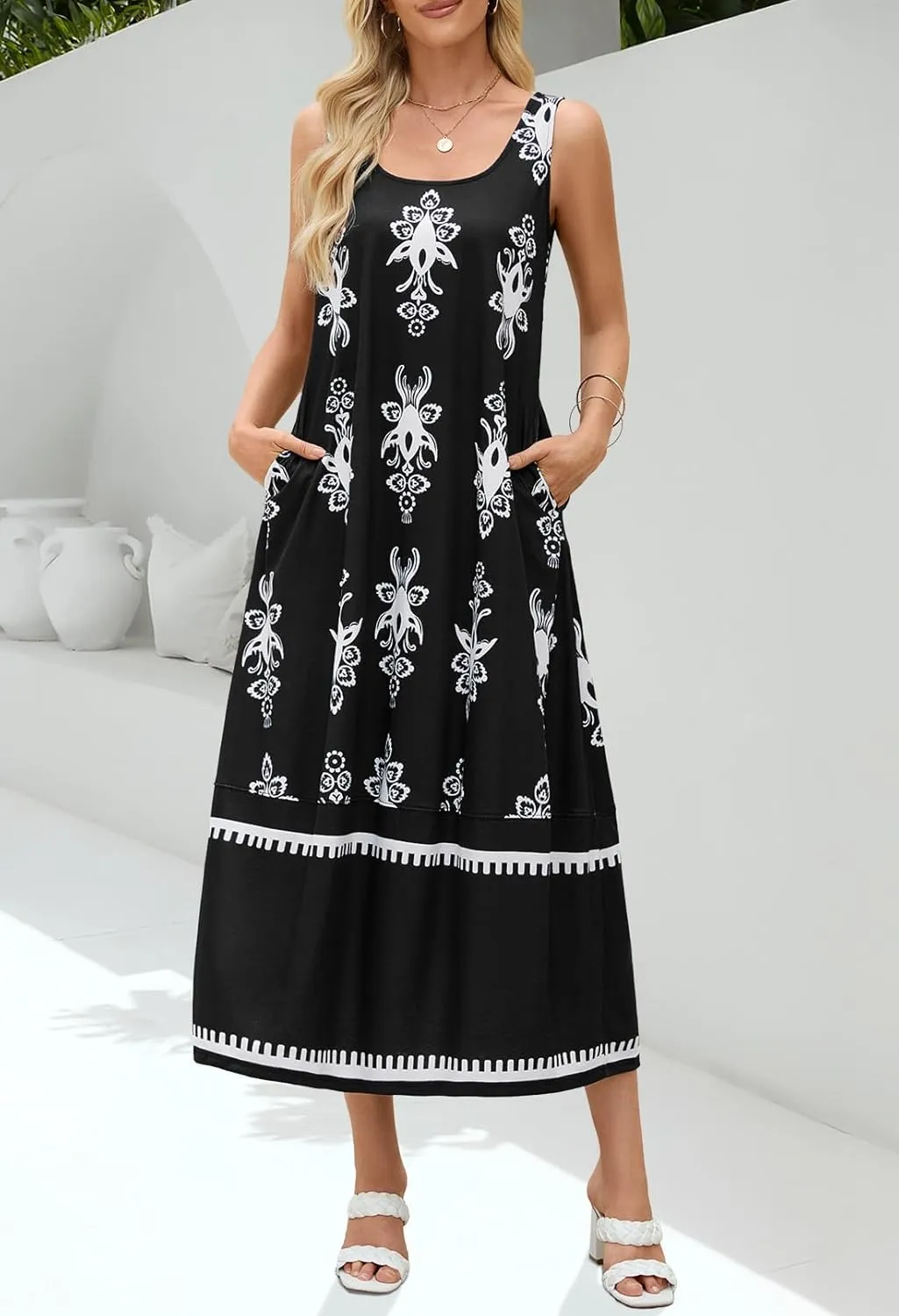 MEROKEETY Women's Casual Maxi Sundress 2025 Summer Beach Dress Scoop Neck Sleeveless Loose Tank Dress