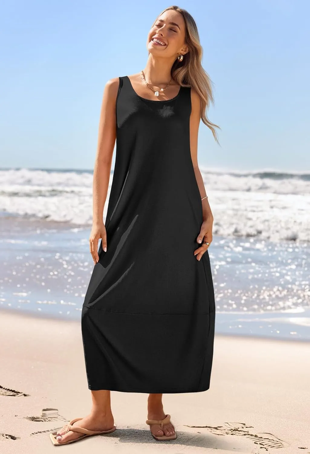MEROKEETY Women's Casual Maxi Sundress 2025 Summer Beach Dress Scoop Neck Sleeveless Loose Tank Dress