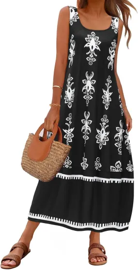 MEROKEETY Women's Casual Maxi Sundress 2025 Summer Beach Dress Scoop Neck Sleeveless Loose Tank Dress