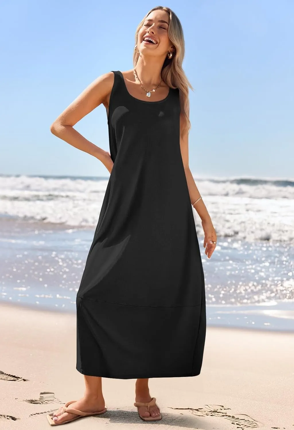 MEROKEETY Women's Casual Maxi Sundress 2025 Summer Beach Dress Scoop Neck Sleeveless Loose Tank Dress