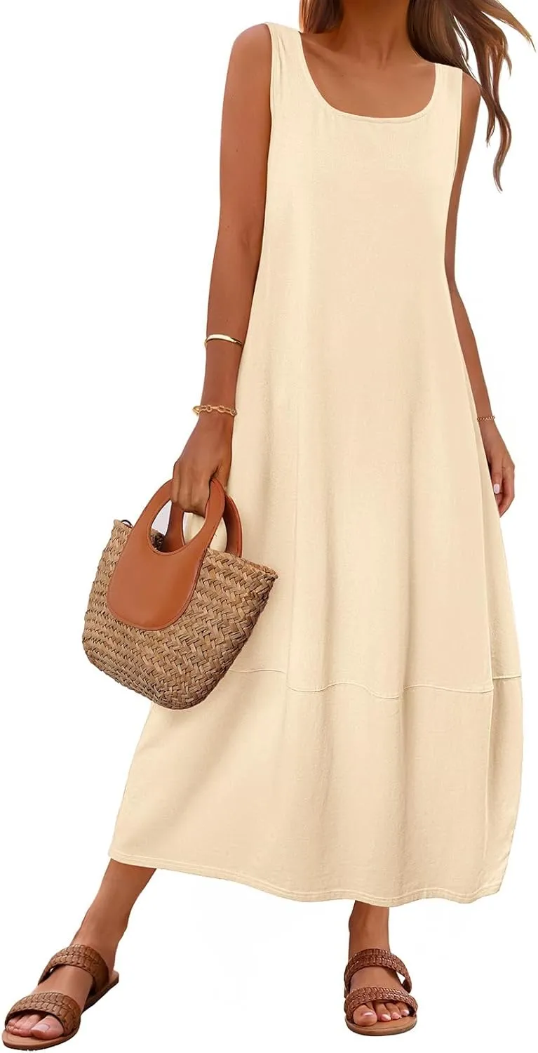 MEROKEETY Women's Casual Maxi Sundress 2025 Summer Beach Dress Scoop Neck Sleeveless Loose Tank Dress