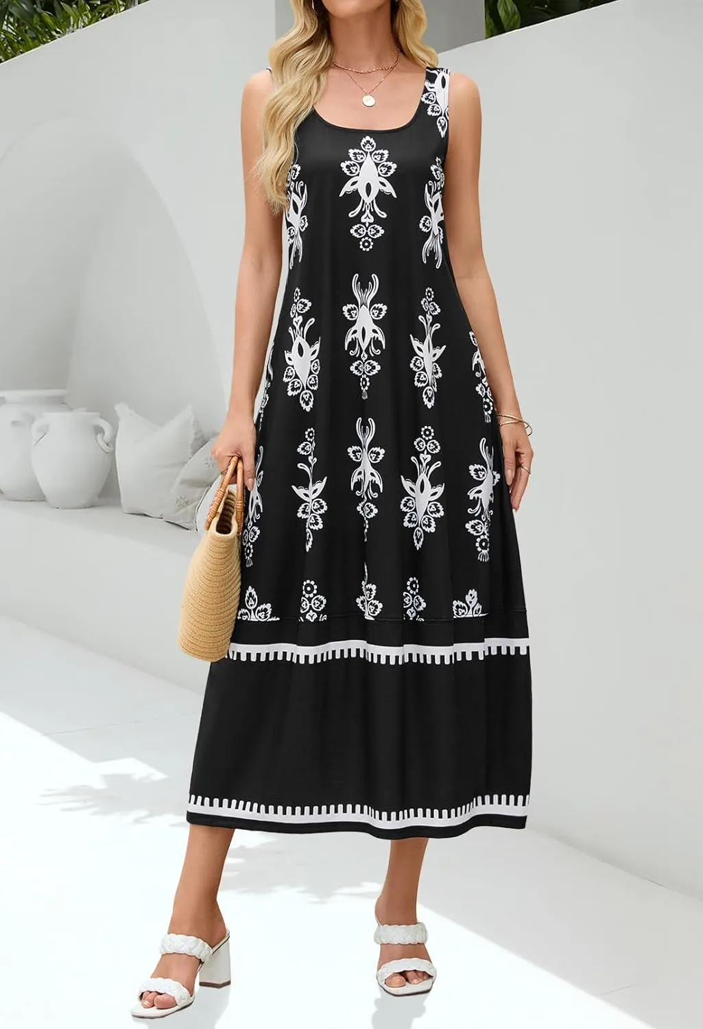 MEROKEETY Women's Casual Maxi Sundress 2025 Summer Beach Dress Scoop Neck Sleeveless Loose Tank Dress