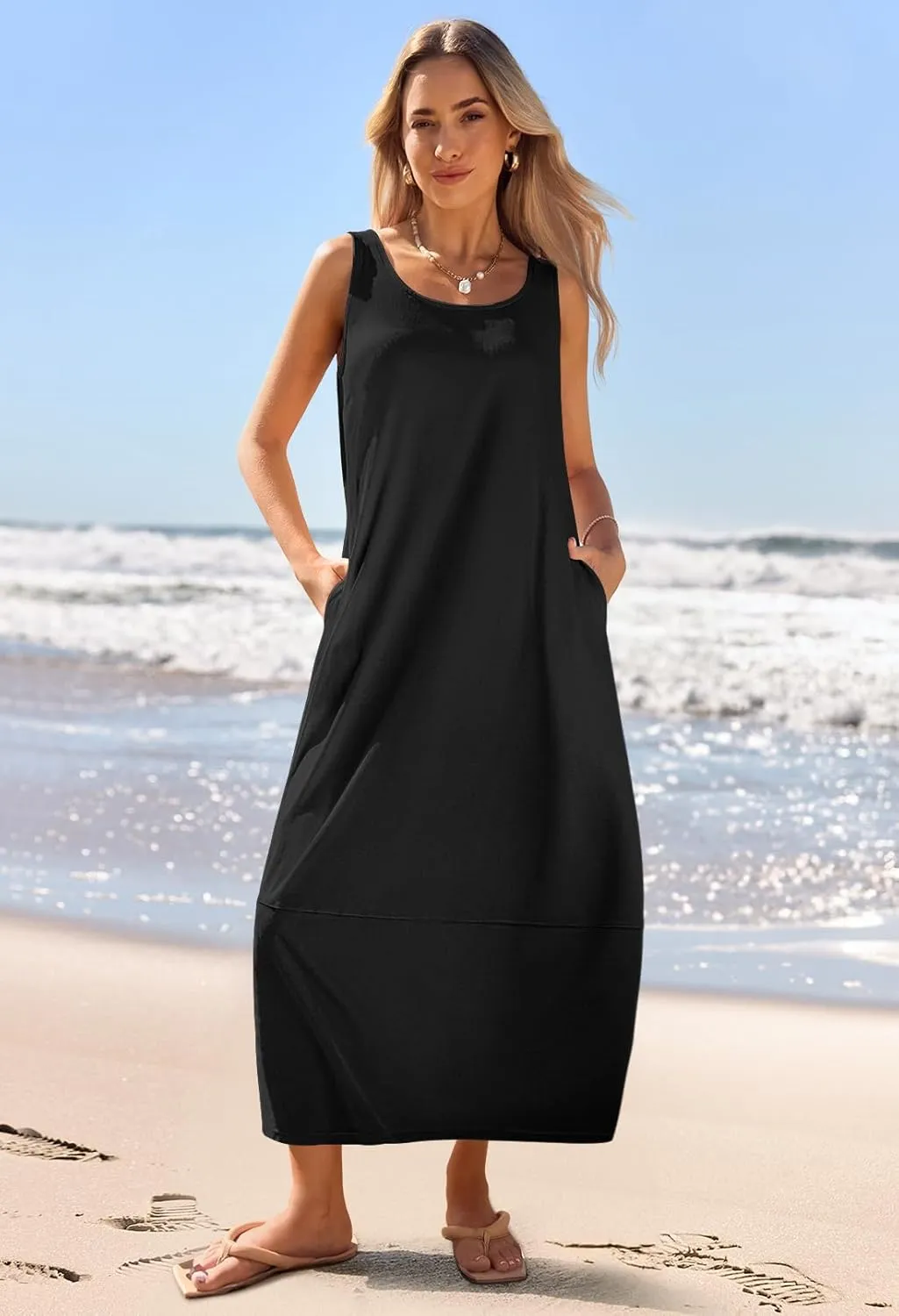 MEROKEETY Women's Casual Maxi Sundress 2025 Summer Beach Dress Scoop Neck Sleeveless Loose Tank Dress