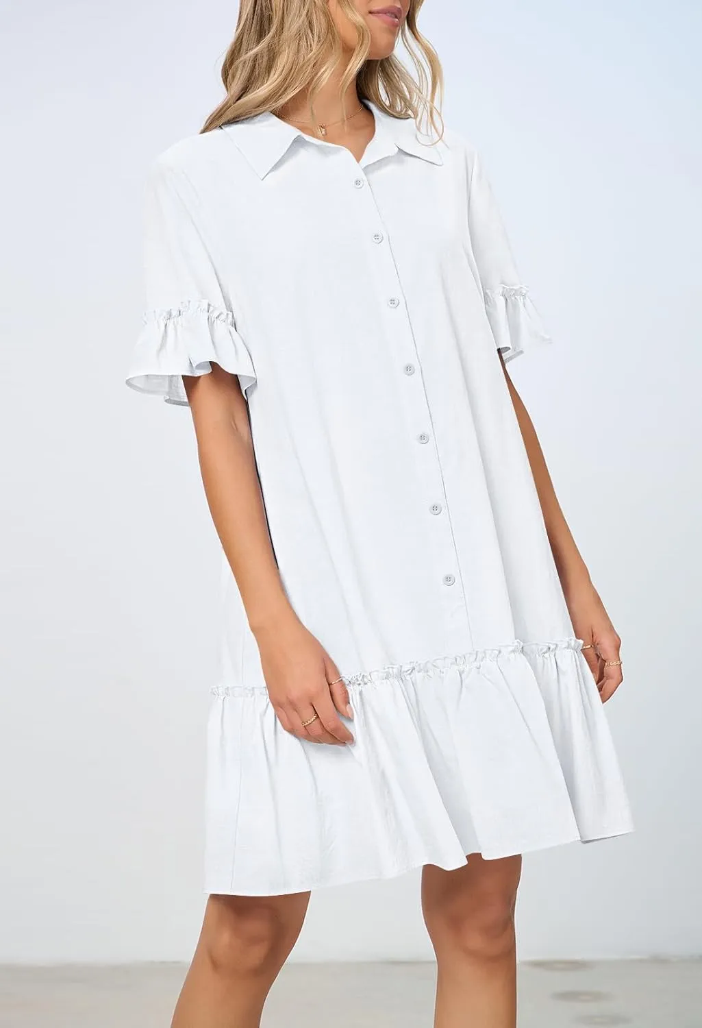 MEROKEETY Women's Summer Button Down Shirt Dress Casual Ruffle Sleeve Shift Mini Dresses with Pockets