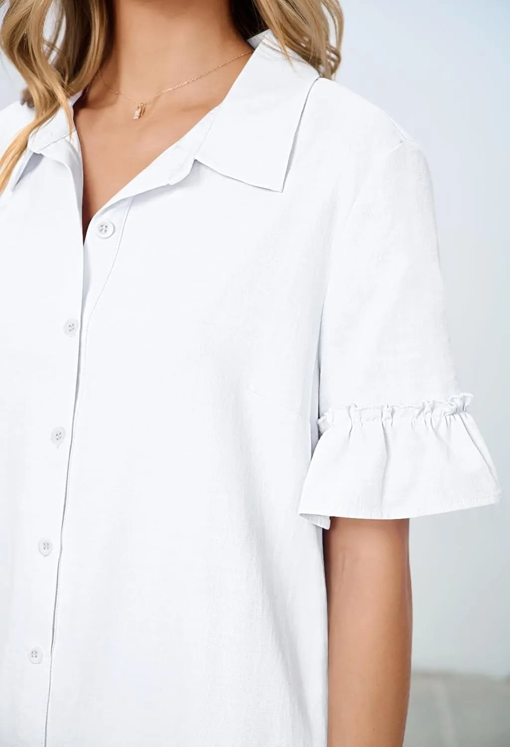 MEROKEETY Women's Summer Button Down Shirt Dress Casual Ruffle Sleeve Shift Mini Dresses with Pockets
