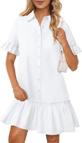 MEROKEETY Women's Summer Button Down Shirt Dress Casual Ruffle Sleeve Shift Mini Dresses with Pockets