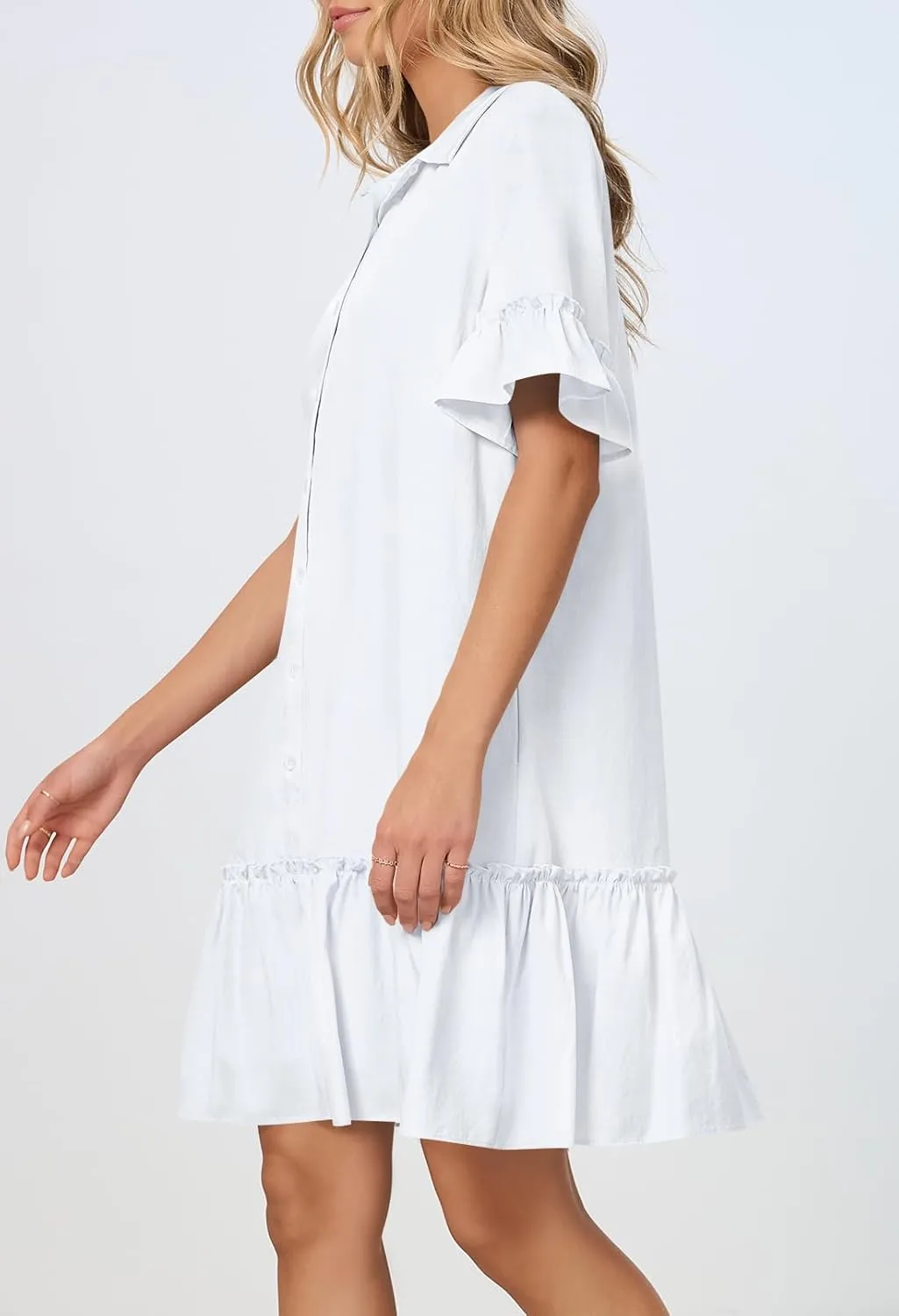 MEROKEETY Women's Summer Button Down Shirt Dress Casual Ruffle Sleeve Shift Mini Dresses with Pockets