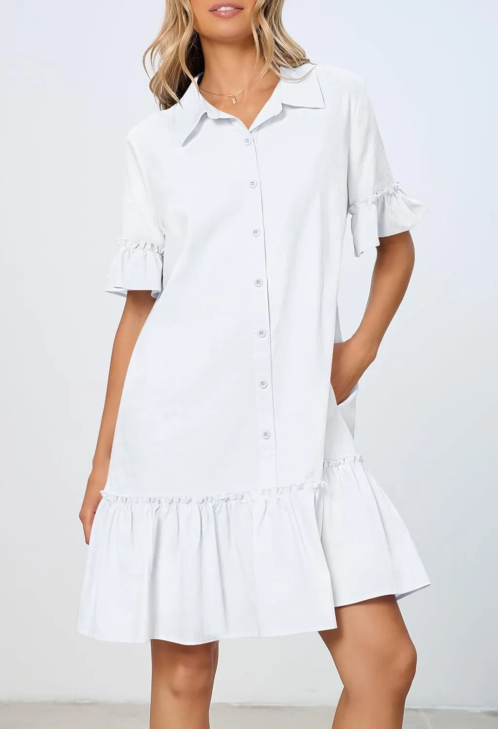 MEROKEETY Women's Summer Button Down Shirt Dress Casual Ruffle Sleeve Shift Mini Dresses with Pockets
