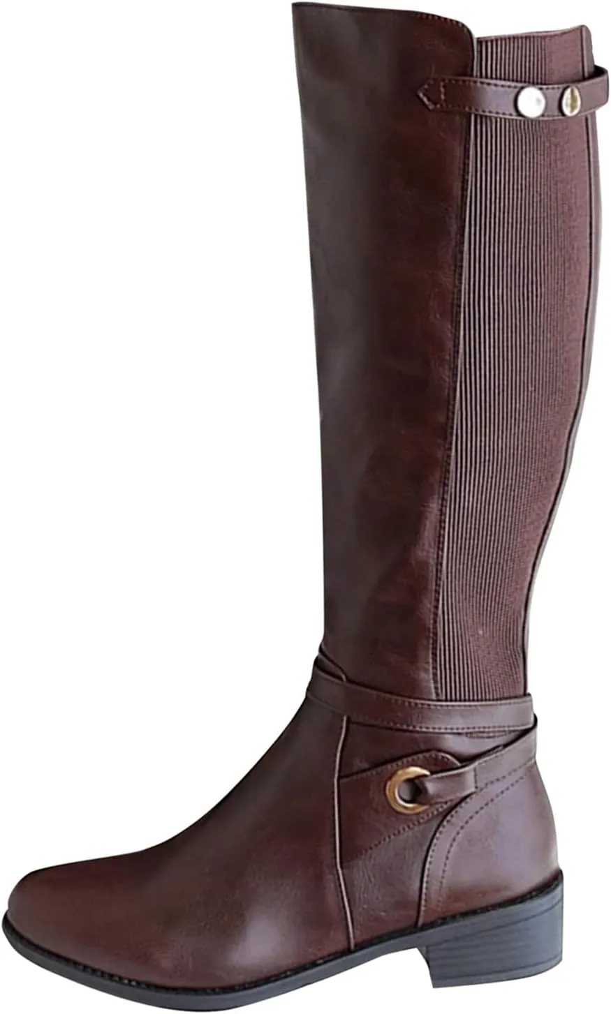 Mid Calf Boots Women Womens Hiking Boots Womens Chunky Heel Side Zipper Round Toe Long Booties Artificial Leather