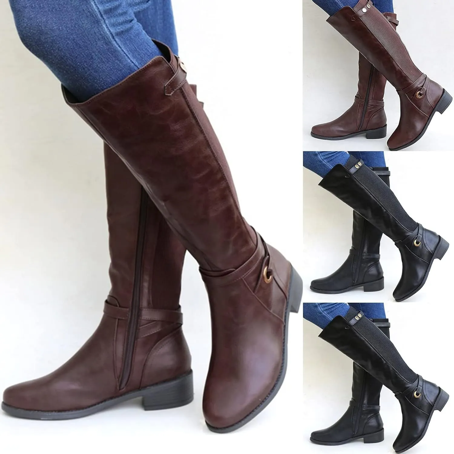 Mid Calf Boots Women Womens Hiking Boots Womens Chunky Heel Side Zipper Round Toe Long Booties Artificial Leather