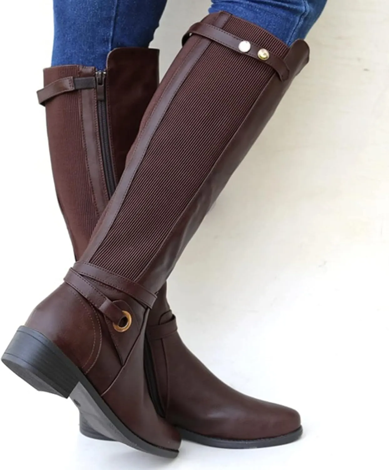 Mid Calf Boots Women Womens Hiking Boots Womens Chunky Heel Side Zipper Round Toe Long Booties Artificial Leather
