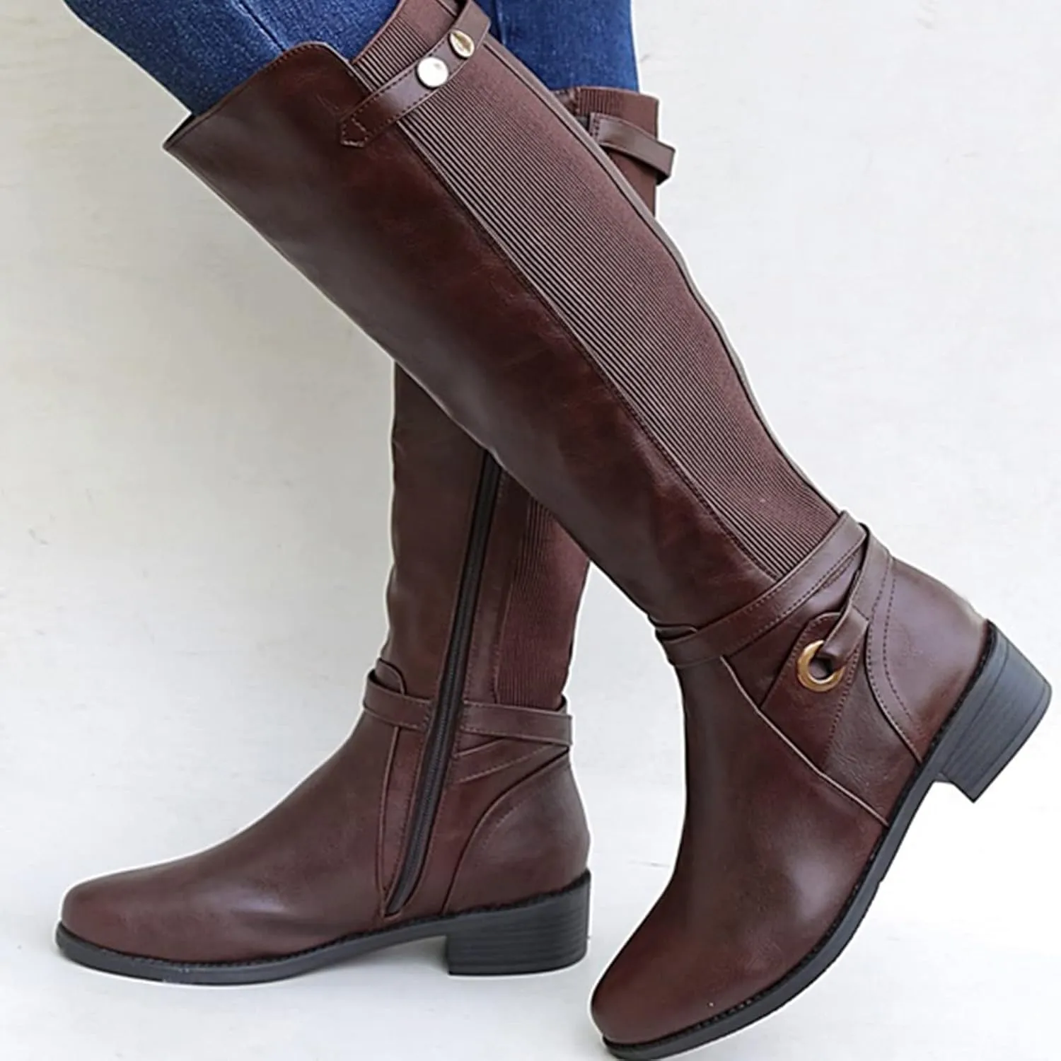 Mid Calf Boots Women Womens Hiking Boots Womens Chunky Heel Side Zipper Round Toe Long Booties Artificial Leather
