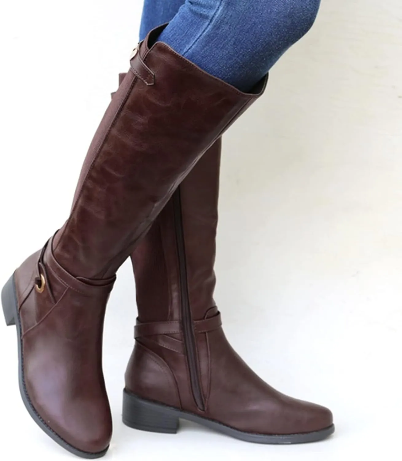 Mid Calf Boots Women Womens Hiking Boots Womens Chunky Heel Side Zipper Round Toe Long Booties Artificial Leather