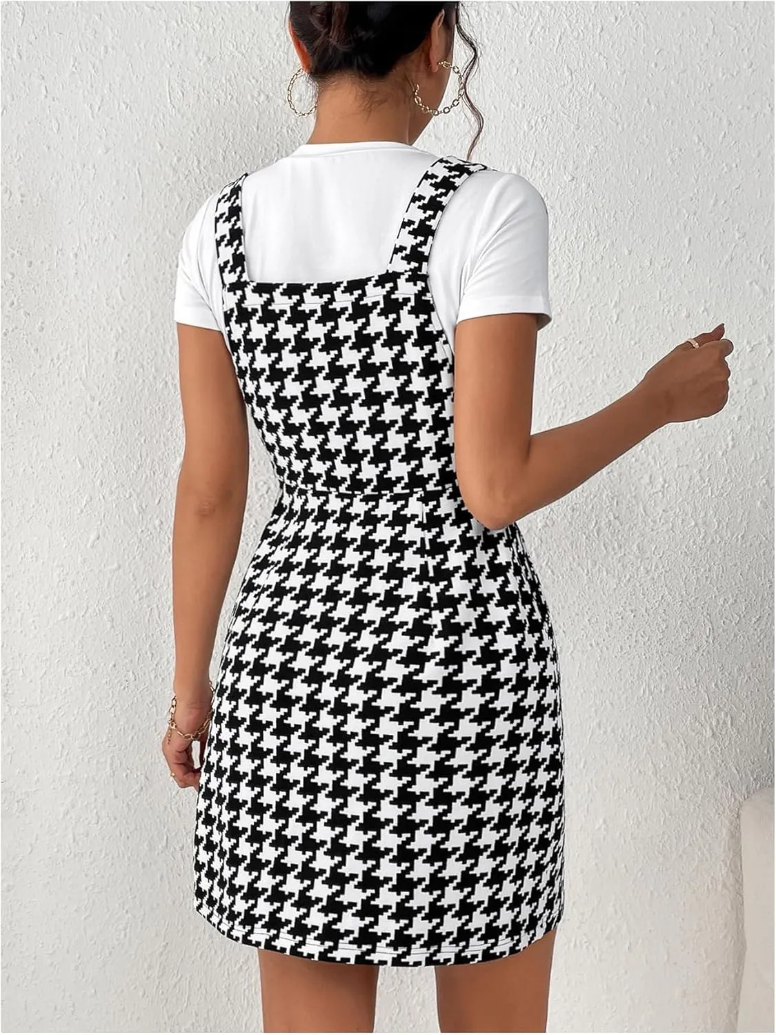 Milumia Women's Houndstooth Print Adjustable Straps Short Overall Dresses