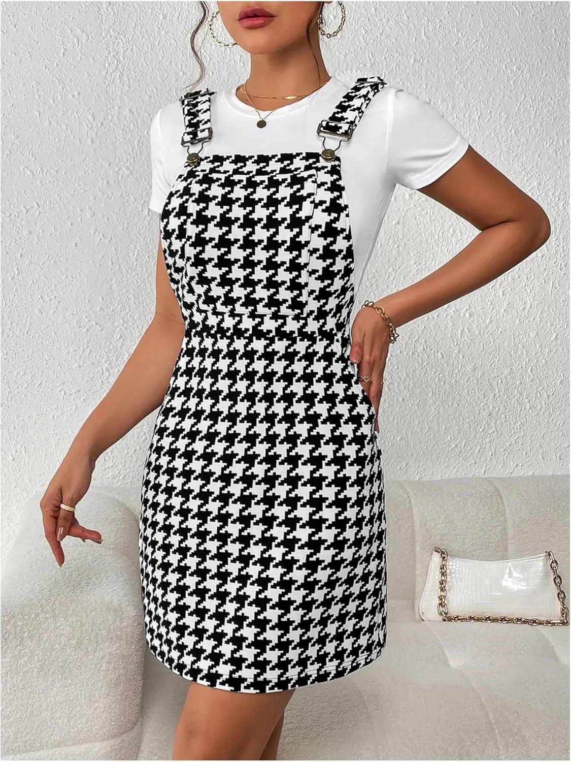 Milumia Women's Houndstooth Print Adjustable Straps Short Overall Dresses