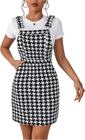 Milumia Women's Houndstooth Print Adjustable Straps Short Overall Dresses