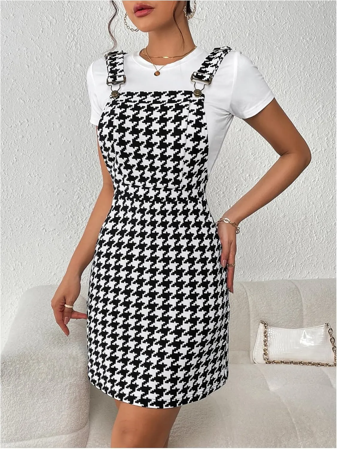 Milumia Women's Houndstooth Print Adjustable Straps Short Overall Dresses