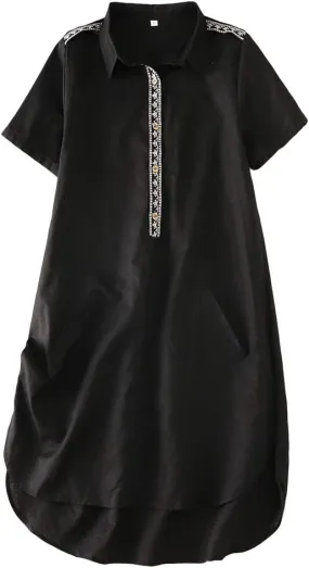 Minibee Women's Linen Dress Summer Casual Boho Sundress Short Sleeve Loose Tunic Dresses with Pocket
