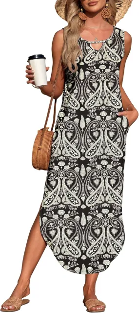MISFAY Women's Summer Maxi Dress Sleeveless Loose Long Beach Split Dresses with Pockets