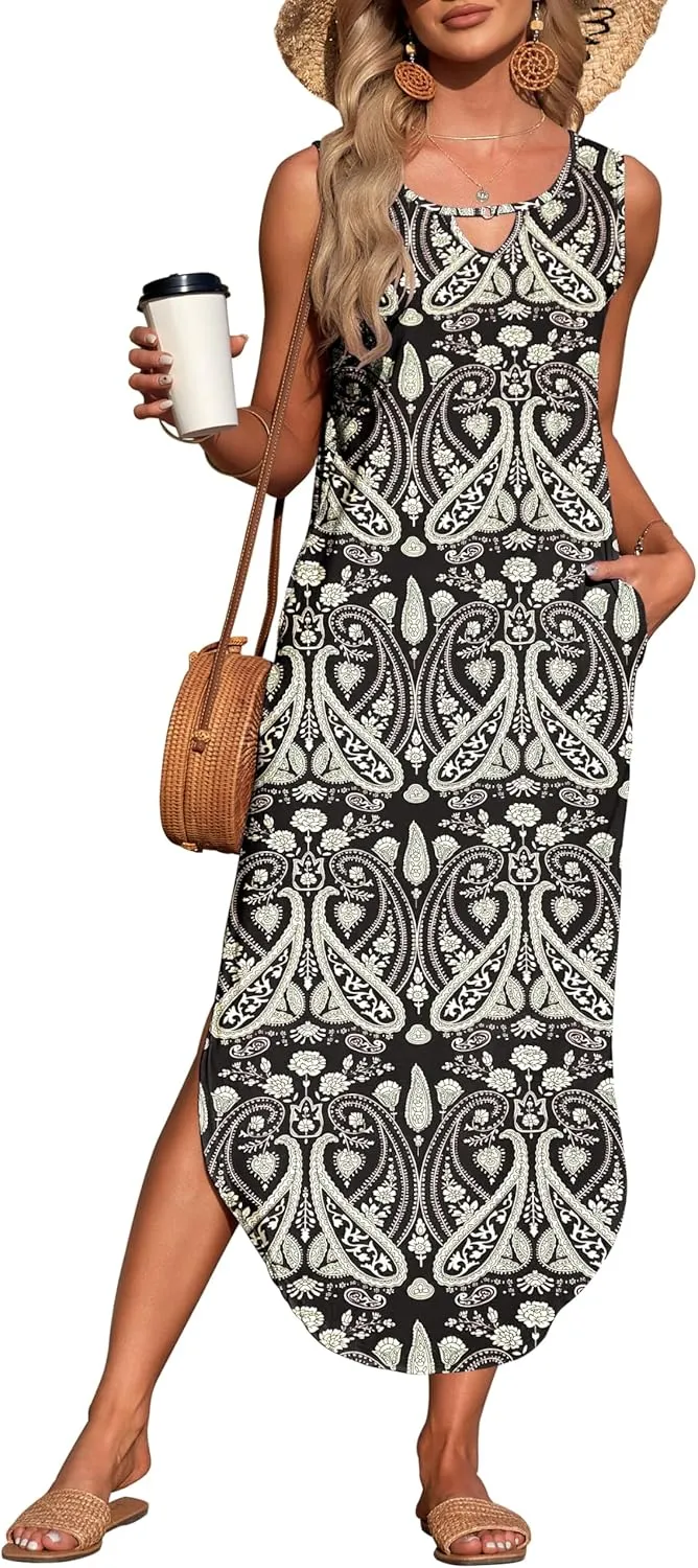 MISFAY Women's Summer Maxi Dress Sleeveless Loose Long Beach Split Dresses with Pockets