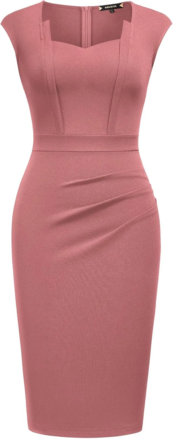 Miusol Women's Vintage Square Neck Cap Sleeve Work Pencil Dress