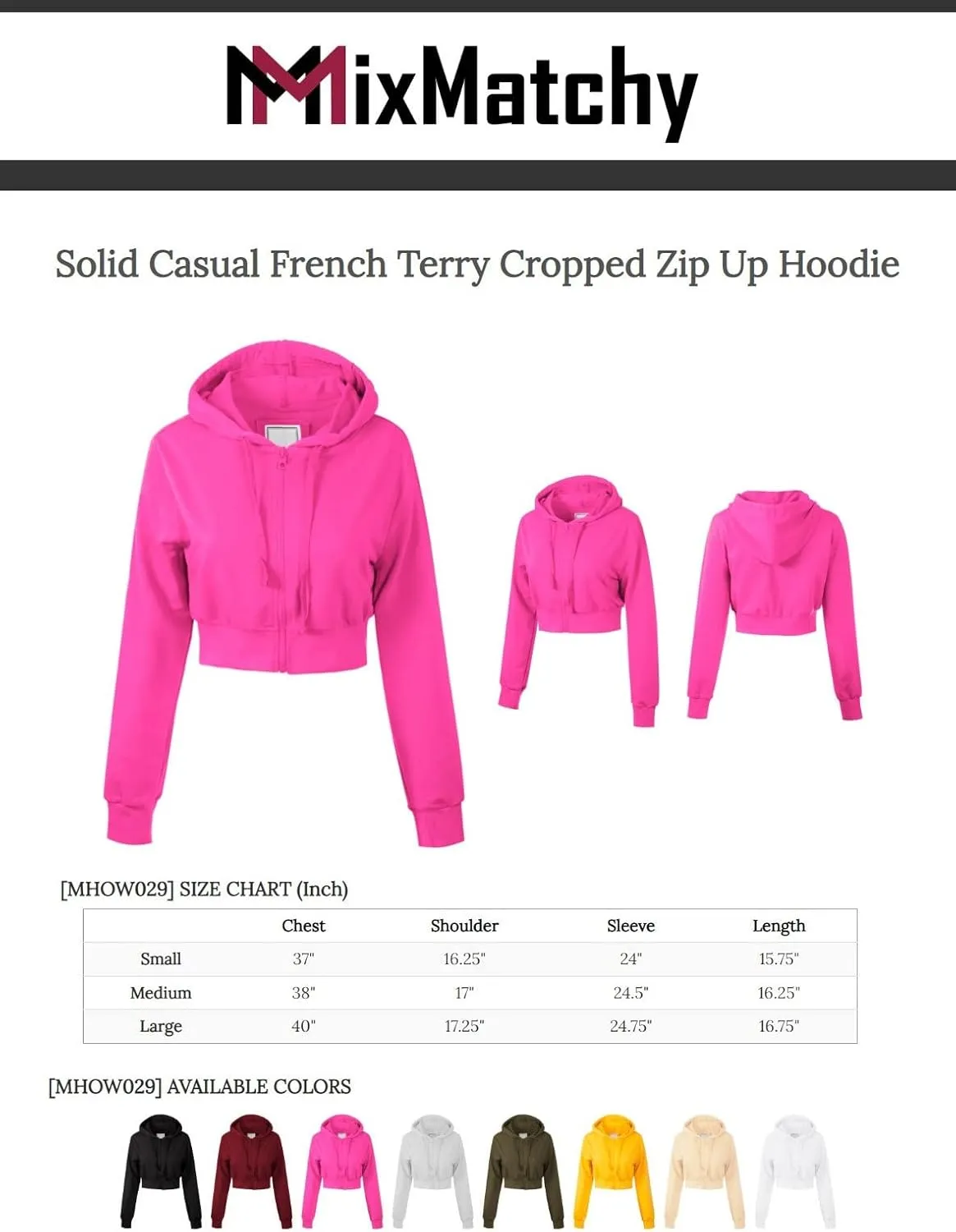 MixMatchy Women's Solid Casual Basic Long Sleeve French Terry Zip Up Crop Hoodie Jacket