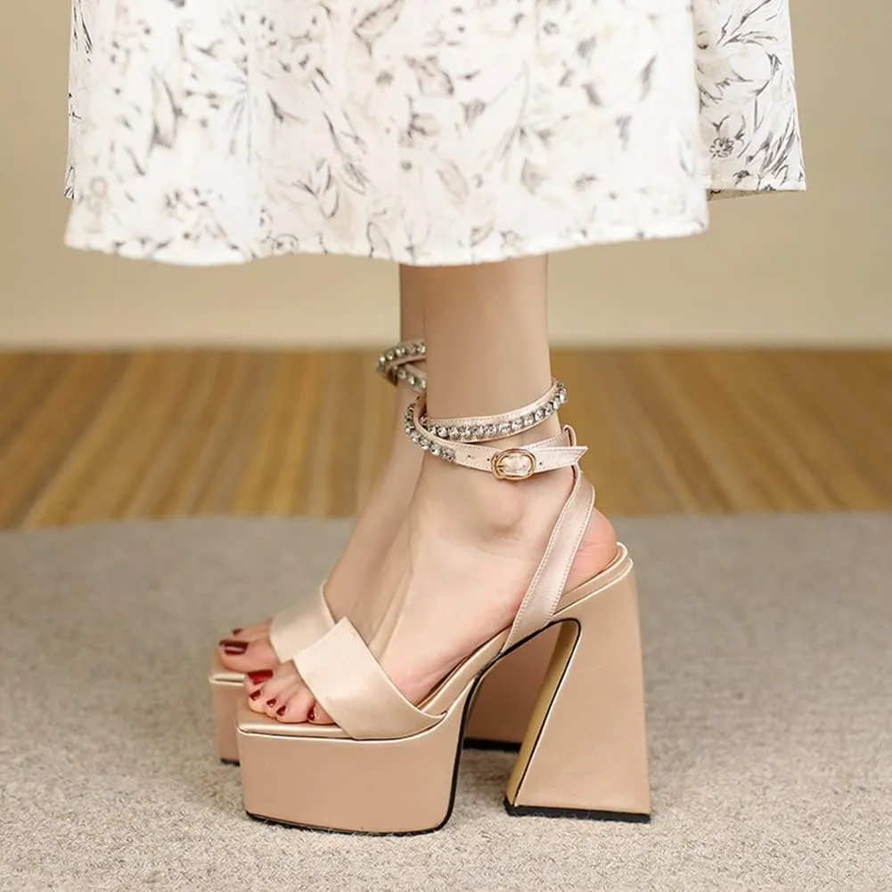 MRKEWUNEY Womens Platform High Heels Sandals Chunky Heels Square Toe