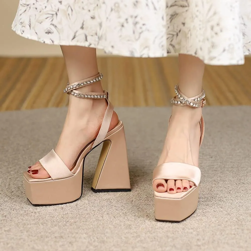 MRKEWUNEY Womens Platform High Heels Sandals Chunky Heels Square Toe