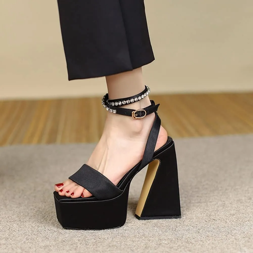 MRKEWUNEY Womens Platform High Heels Sandals Chunky Heels Square Toe
