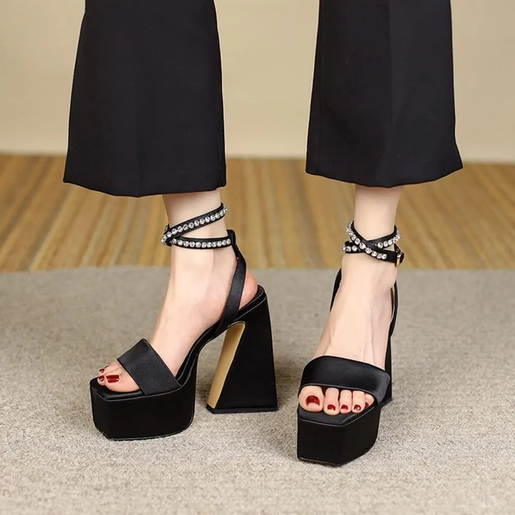 MRKEWUNEY Womens Platform High Heels Sandals Chunky Heels Square Toe