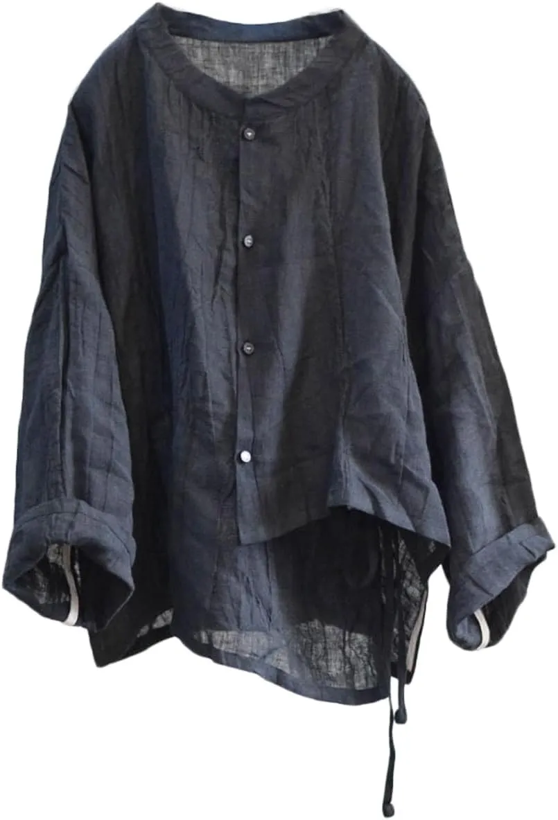 NFYM Women's Linen Asymmetrical Shirt Top Irregular Hem Tie Retro Stand Collar Button Blouse Shirts