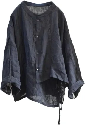 NFYM Women's Linen Asymmetrical Shirt Top Irregular Hem Tie Retro Stand Collar Button Blouse Shirts