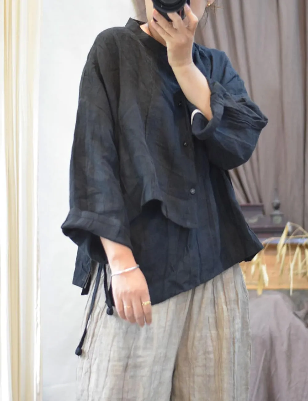 NFYM Women's Linen Asymmetrical Shirt Top Irregular Hem Tie Retro Stand Collar Button Blouse Shirts