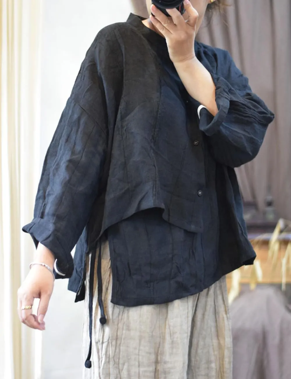 NFYM Women's Linen Asymmetrical Shirt Top Irregular Hem Tie Retro Stand Collar Button Blouse Shirts